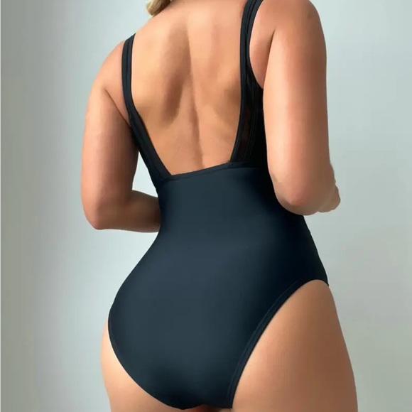 Tummy Control bodysuit V Neck High Cut Contrast Mesh Backless 1 Piece Swimsuit - Picture 3 of 10